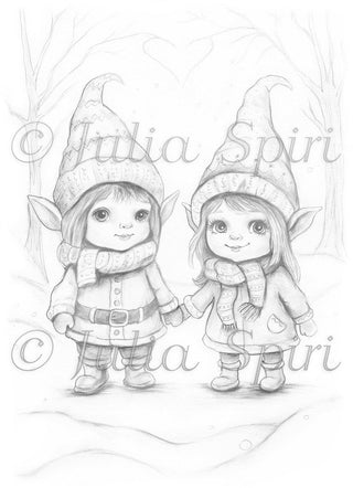 Grayscale Coloring Page. Little Gnomes in Winter