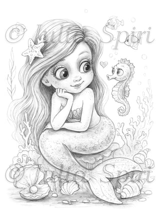 Grayscale coloring page of a little mermaid and seahorse by Julia Spiri