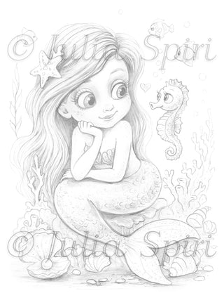 Light grayscale coloring page of a little mermaid and seahorse by Julia Spiri