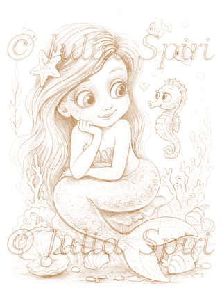 Sepia tone coloring page of a little mermaid and seahorse by Julia Spiri