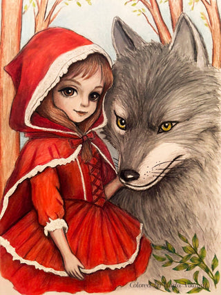 Little Red Riding Hood and The Wolf - Grayscale coloring page version 5, printable adult coloring art by Julia Spiri
