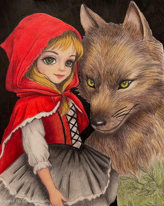 Little Red Riding Hood and The Wolf - Grayscale coloring page version 6, printable adult coloring art by Julia Spiri