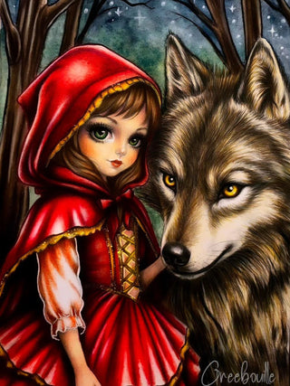 Little Red Riding Hood and The Wolf - High-quality printable art, grayscale coloring page for relaxation. colored