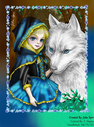 Little Red Riding Hood and The Wolf - High-quality printable art, grayscale coloring page for relaxation