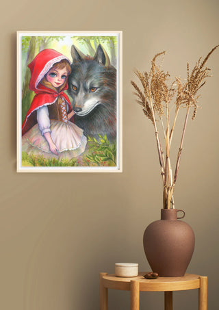 Grayscale Coloring Page. Original Watercolor Painting. Little Red Riding Hood and The Wolf