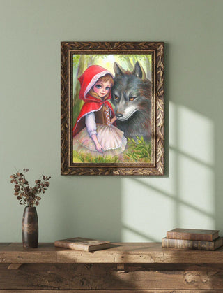 Grayscale Coloring Page. Original Watercolor Painting. Little Red Riding Hood and The Wolf