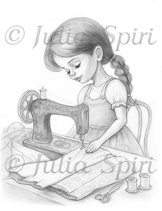 Little Seamstress - Printable grayscale coloring page for adults by Julia Spiri, instant download