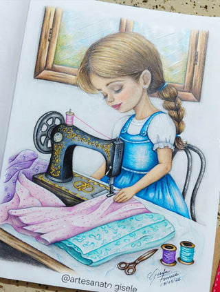 Little Seamstress - Printable grayscale coloring page for adults by Julia Spiri, colored
