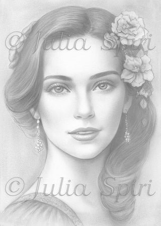 Page de coloriage en niveaux de gris, Beau portrait de femmes. Lucrèce