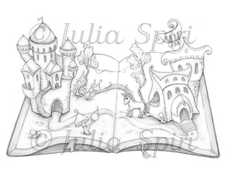 Coloring Page, Castle, Unicorn, Fantasy Hose. Magical book - The Art of Julia Spiri