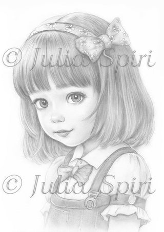 Grayscale Coloring Page, Cute Little Girl Portrait. Maisie
