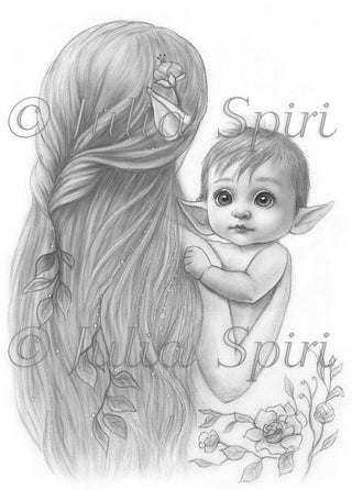 Grayscale Coloring Page, Cute Baby Elf and his Mama. Mama Elf's Loving Embrace