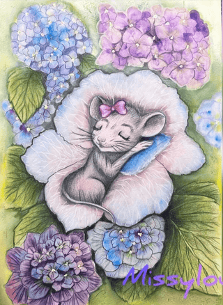 A Hydrangea Bed for the Sleeping Sweet Mouse - Grayscale coloring page version 10, printable adult coloring art by Julia Spiri