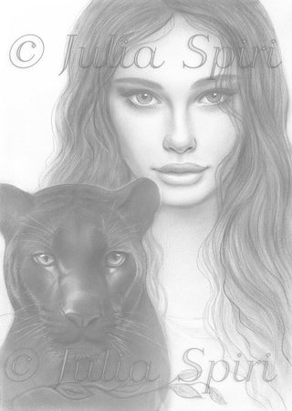 Mei and Panther - Grayscale light version, ideal for delicate blending, printable art