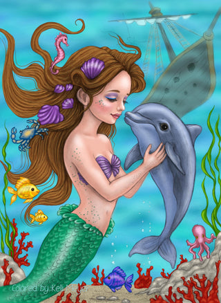 Mermaid Playing with Sea Creatures. The Mermaid’s Dolphin. colored