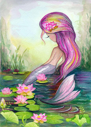 Grayscale Coloring Page, Fantasy Siren in the pond. Mermaid and Lotus