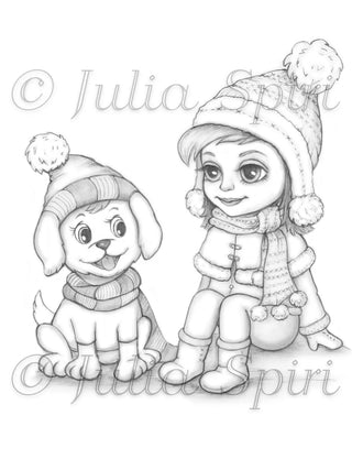 Mia and Dog - Printable grayscale coloring page for adults by Julia Spiri, instant download
