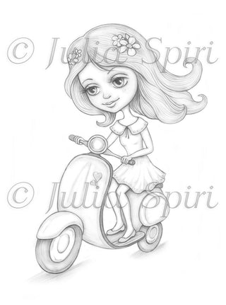 Página para colorear de viaje, Sello digital, Scooter eléctrico, Digi, Chica, Viajero, Aventura, Fantasía, Elaboración, Fantasía. Mila