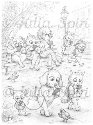 Grayscale coloring page by Julia Spiri: funny dogs, cats and pigeons walking through a city park while staring at their smartphones, dark grayscale version