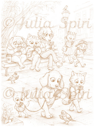Sepia tone version of the Mobile Obsession coloring page: cute dogs and cats glued to their phones in a cozy park, hand-drawn by Julia Spiri