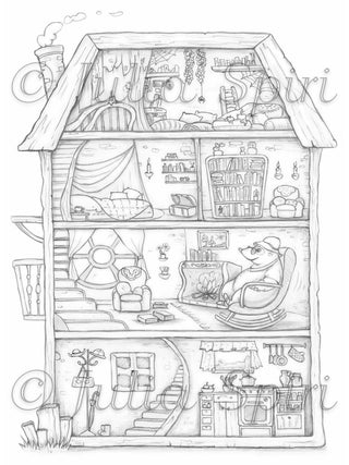 Coloring Page, Home: kitchen, bedroom, loft, library, Whimsy, Line art. Mole house - The Art of Julia Spiri