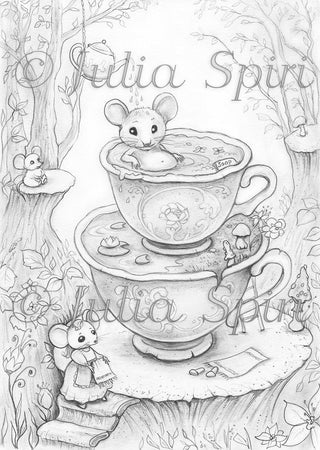 Grayscale Coloring Page, Fun Mice. Mouse Spa