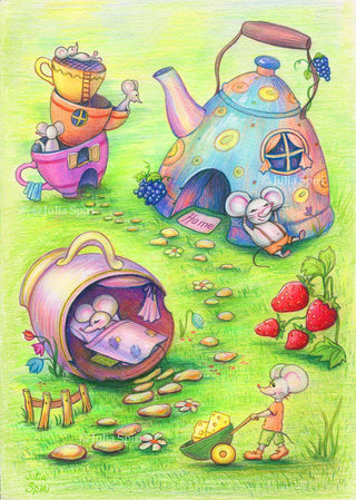 Página para colorear, tazas, tetera y ratones divertidos. Pueblo de ratones