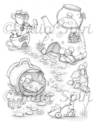 Mouse village - Printable grayscale coloring page for adults by Julia Spiri, instant download