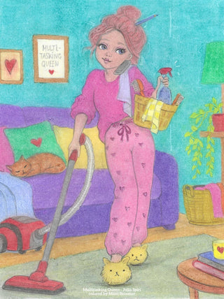 Multitasking Queen coloring page by Julia Spiri – woman cleaning, chatting, with cat