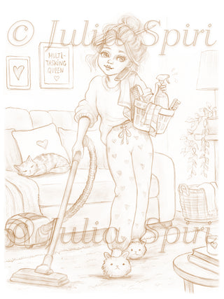 Multitasking Queen sepia coloring page by Julia Spiri – cozy home life printable