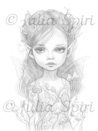 Grayscale Coloring Page. Mushroom Grove Fairy