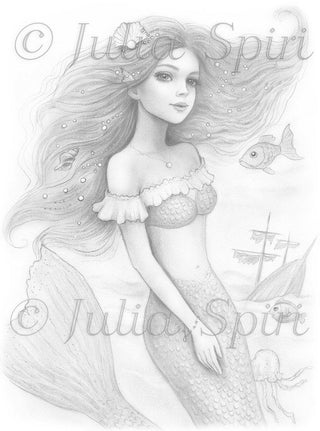Nerine Mermaid - Grayscale light version, ideal for delicate blending, printable art