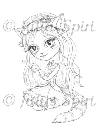 Steampunk Cat Girl. Nessie Cat Girl - grayscale dark coloring page for adults by Julia Spiri