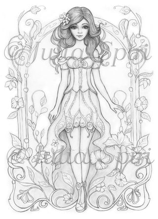 Grayscale Coloring Page, Whimsy, Fantasy Girl with Nouveau style frame. Nouveau Chic