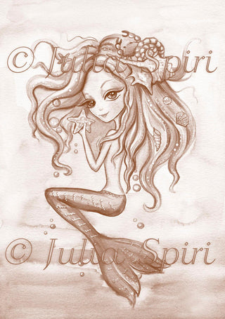 Grayscale Coloring Page, Little Mermaid in Ocean. Oceania Mermaid