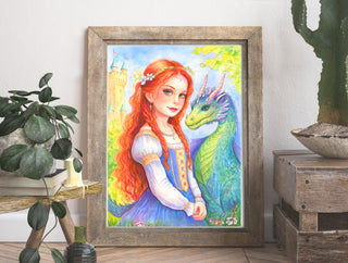 Original Watercolor Painting. Elowen and the Dragons Heart by Julia Spiri. framed