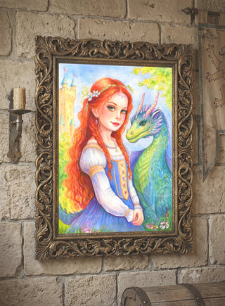 Original Watercolor Painting. Elowen and the Dragons Heart by Julia Spiri. framed 2