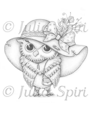 Owl Fashionista - Printable grayscale coloring page for adults by Julia Spiri, instant download