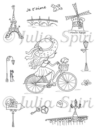 Coloring Page, Parisian girl on bike with bonus elements, Eiffel. Paris - The Art of Julia Spiri