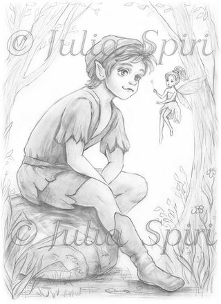 Grayscale Coloring Page, Fairy Tale Boy. Peter Pan