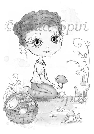 Dibujo para colorear, Chica caprichosa. recogiendo setas