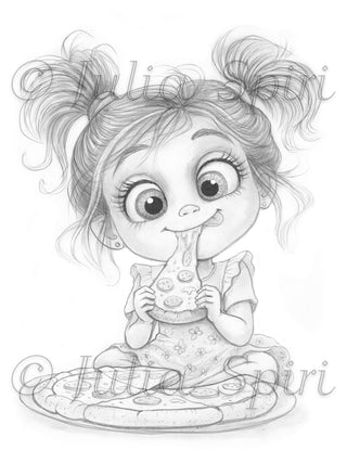 Grayscale Coloring Page, Sweet Girl Eating Pizza Slice. Pizza Time!