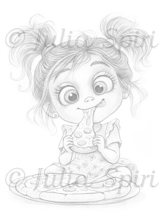 Grayscale Coloring Page, Sweet Girl Eating Pizza Slice. Pizza Time!