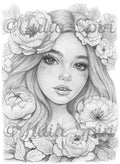 Portrait of a Peony Enchantress - Printable grayscale coloring page for adults by Julia Spiri, instant download