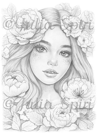 Portrait of a Peony Enchantress - Grayscale light version, ideal for delicate blending, printable art