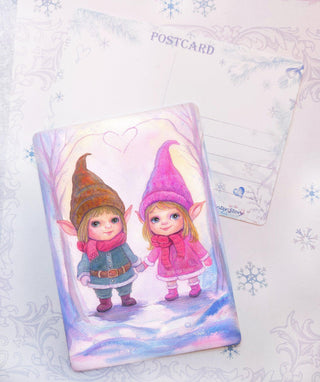 Postcard, Winter Story. Little Gnomes in Winter