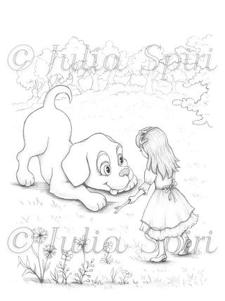 Puppy and Alice - Printable grayscale coloring page for adults by Julia Spiri, instant download
