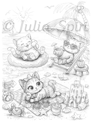Grayscale Coloring Page. Cats on the Beach in Summer. Purr-fect Kitten Beach Day