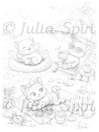 Grayscale Coloring Page. Cats on the Beach in Summer. Purr-fect Kitten Beach Day