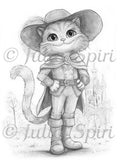 Puss in Boots - Printable grayscale coloring page for adults by Julia Spiri, instant download